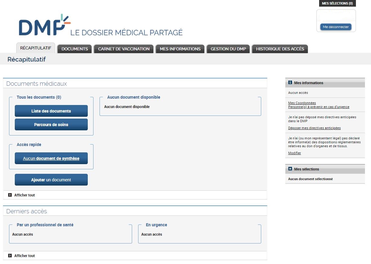 Page d'accueil dossier médical partagé